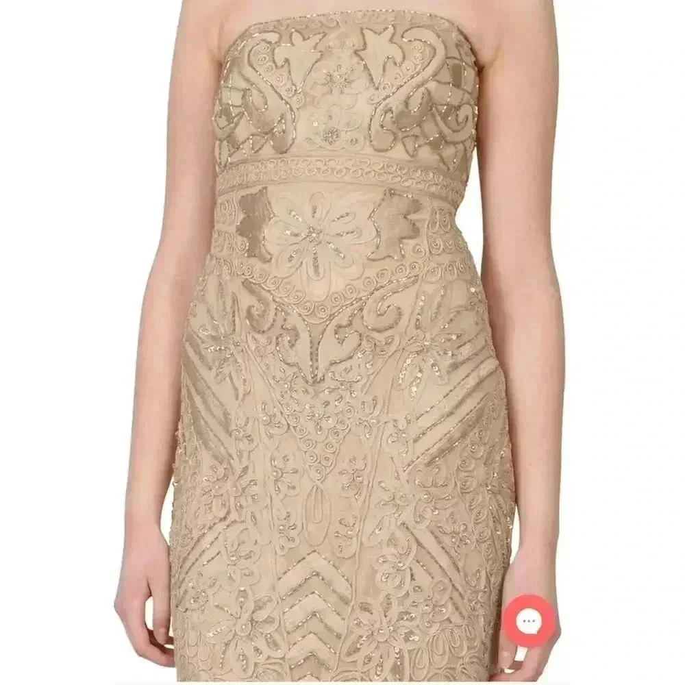 Sue Wong Nocturn Strapless Cocktail Beaded Soutache Mini Sheath Dress Beige 4 - Picture 2 of 10